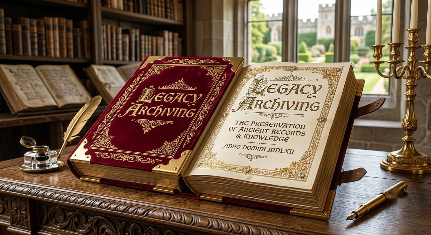 가죽 장정 책 위에 'LEGACY ARCHIVING'이라는 제목이 새겨진 사진